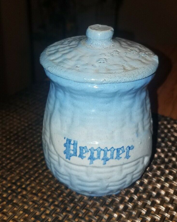 Antique 1900's Blue White Basket Weave Morning Glory Stoneware Spice Jar~pepper!