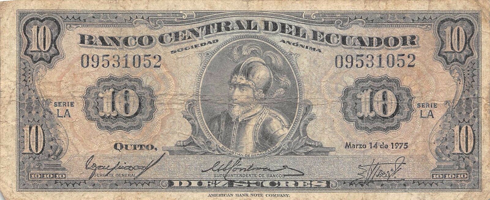 Ecuador  10  Sucres  3.14.1975  Series LA  Circulated Banknote FL0917