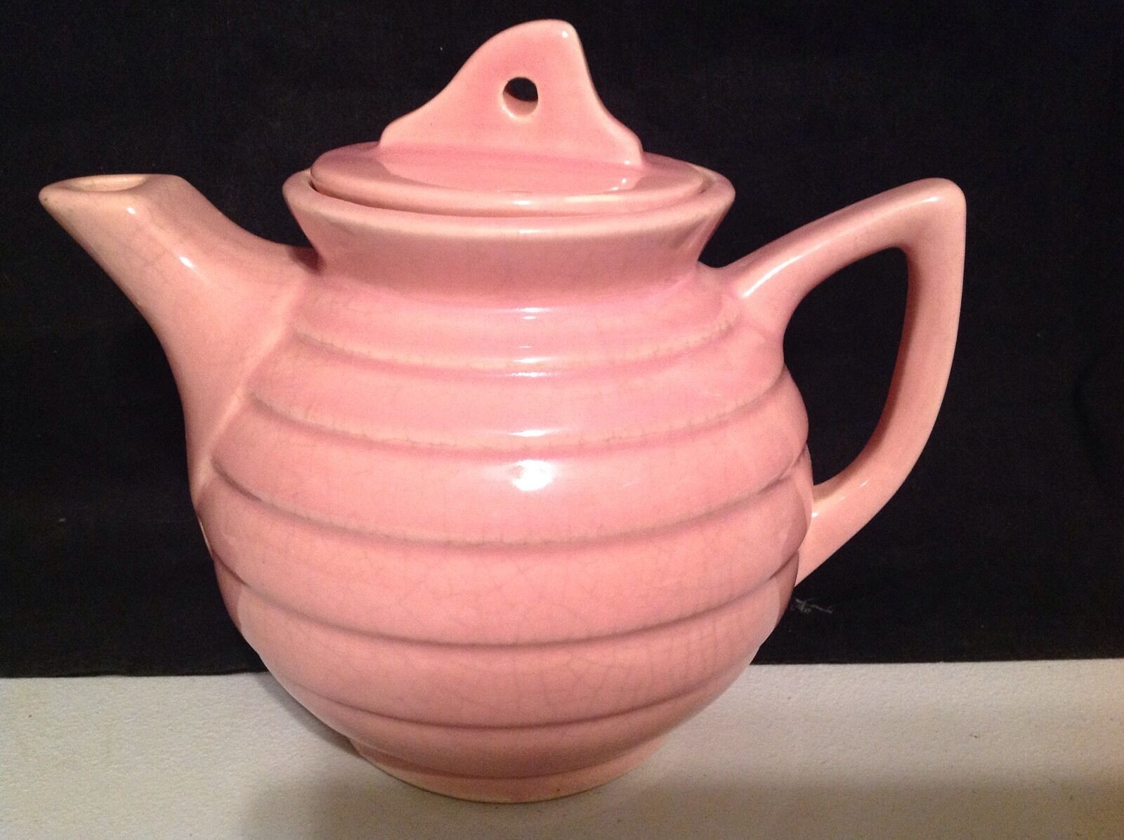 Vintage Brush Mccoy Pottery Ringed Band Pink Teapot