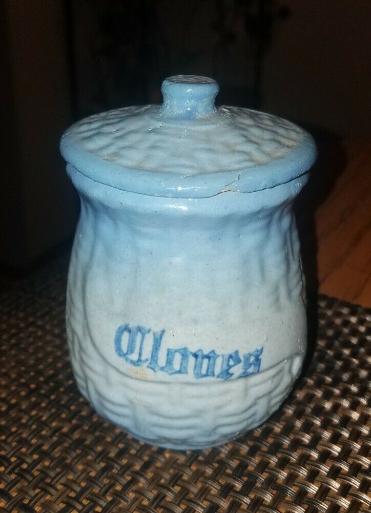 Antique 1900's Blue White Basket Weave Morning Glory Stoneware Spice Jar~cloves!