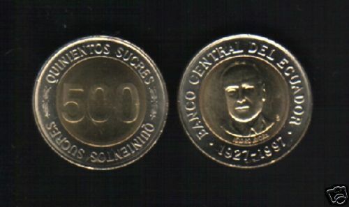 Ecuador 500 Sucres Km-102 X 100 Pcs Lot 1997 Bi Metal Latino Currency Unc Coin