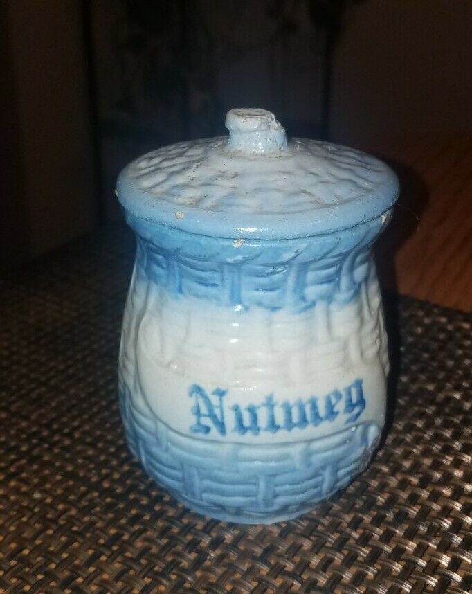 Antique 1900's Blue White Basket Weave Morning Glory Stoneware Spice Jar~nutmeg!