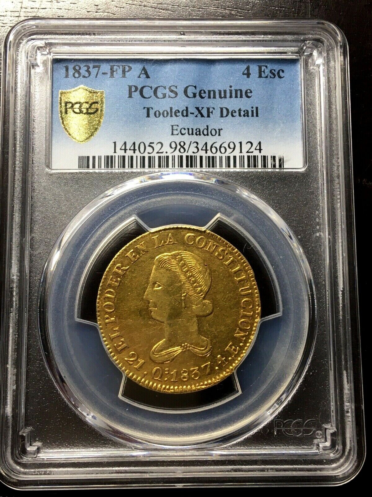 🔥very Rare🔥gold Coin 4 Escudos Quito (ecuador) Year 1837 Pcgs Xf Deails