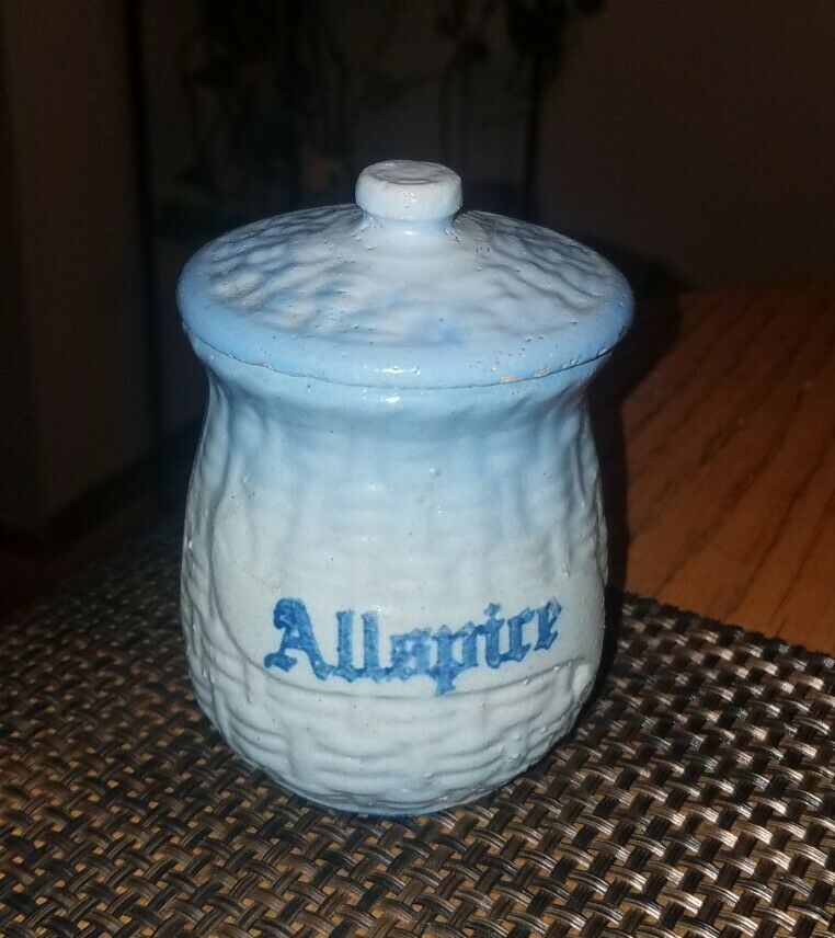 Antique 1900 Blue White Basket Weave Morning Glory Stoneware Spice Jar~allspice!
