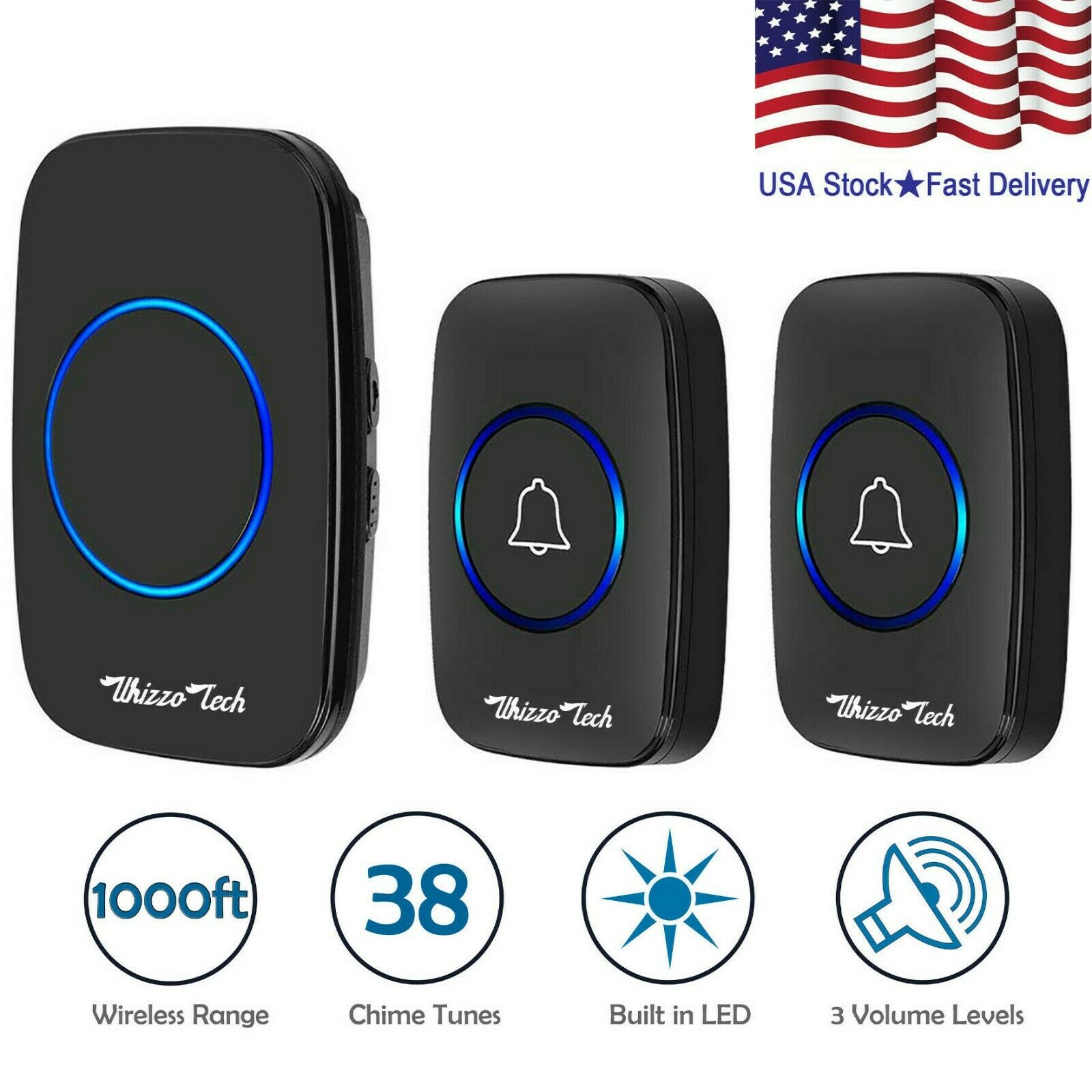 Wireless Doorbell Battery Operated  2 Remote Button+1 Plug In Receiver
