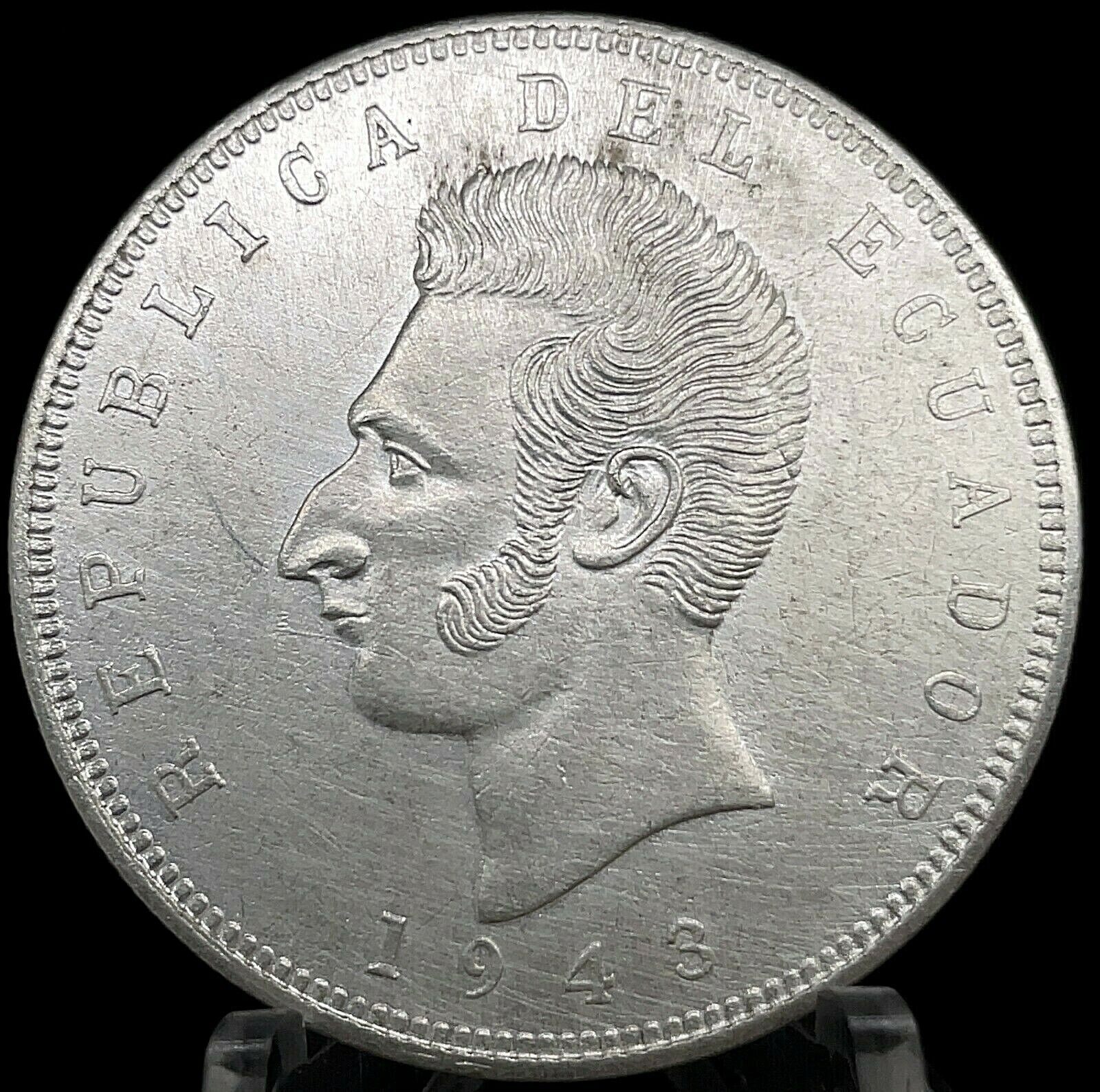Ecuador 5 Sucres 1943 Mexico City Mint Uncirculated Silver Coin KM #79  C#6